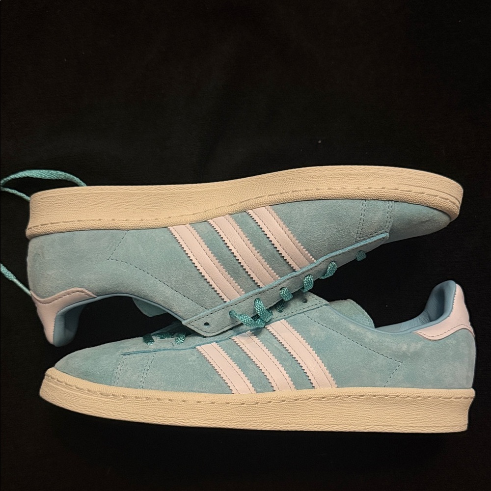 Adidas Pastel Blue Suede Sneakers with White Stripes. New w/o box